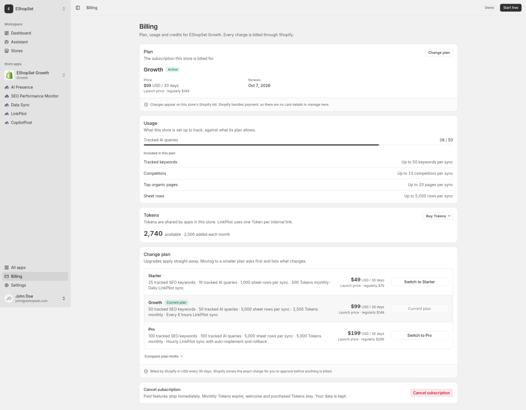 Billing page with plan usage and Tokens