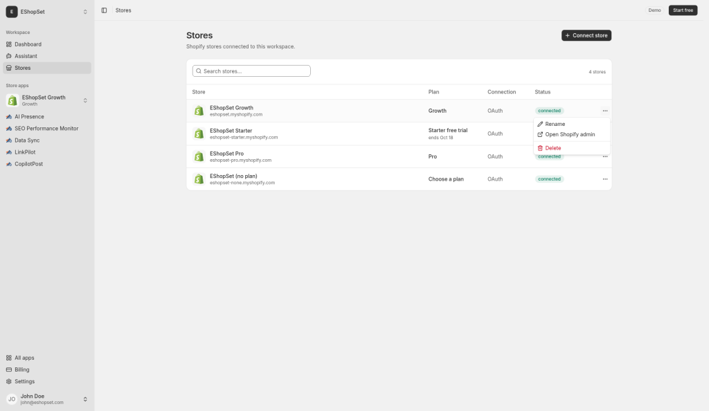 Store actions menu