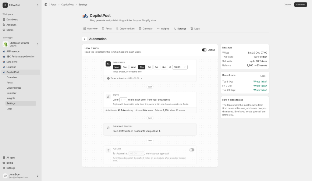 Settings that affect publishing behaviour
