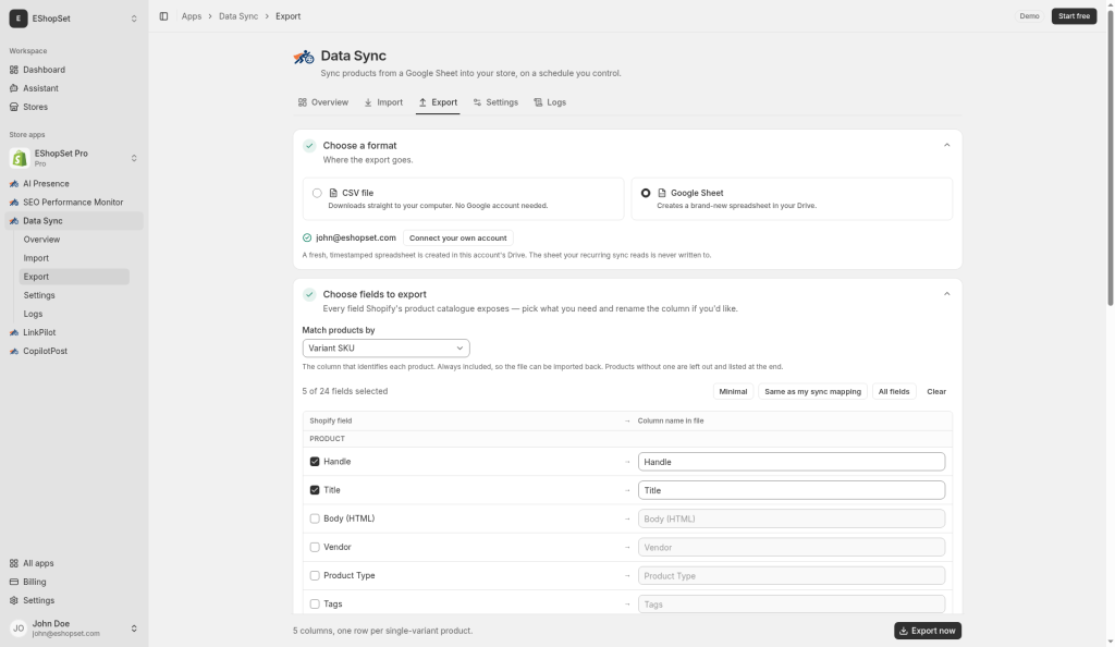 Export to Google Sheet selected