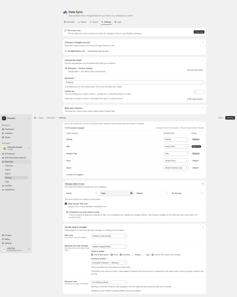 Column mapping and schedule
