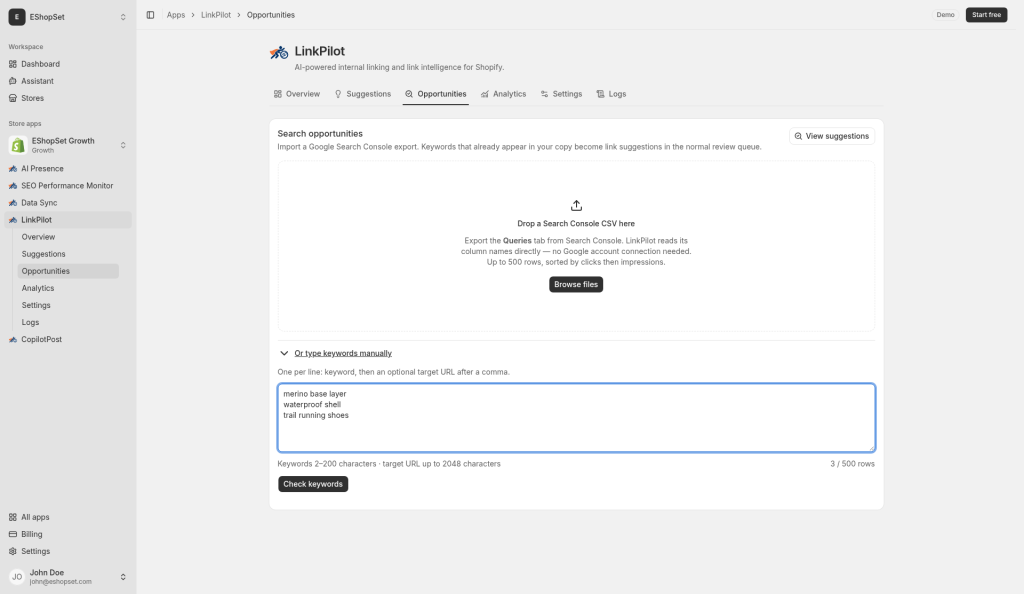 Link Pilot Opportunities with manual keyword and destination mapping
