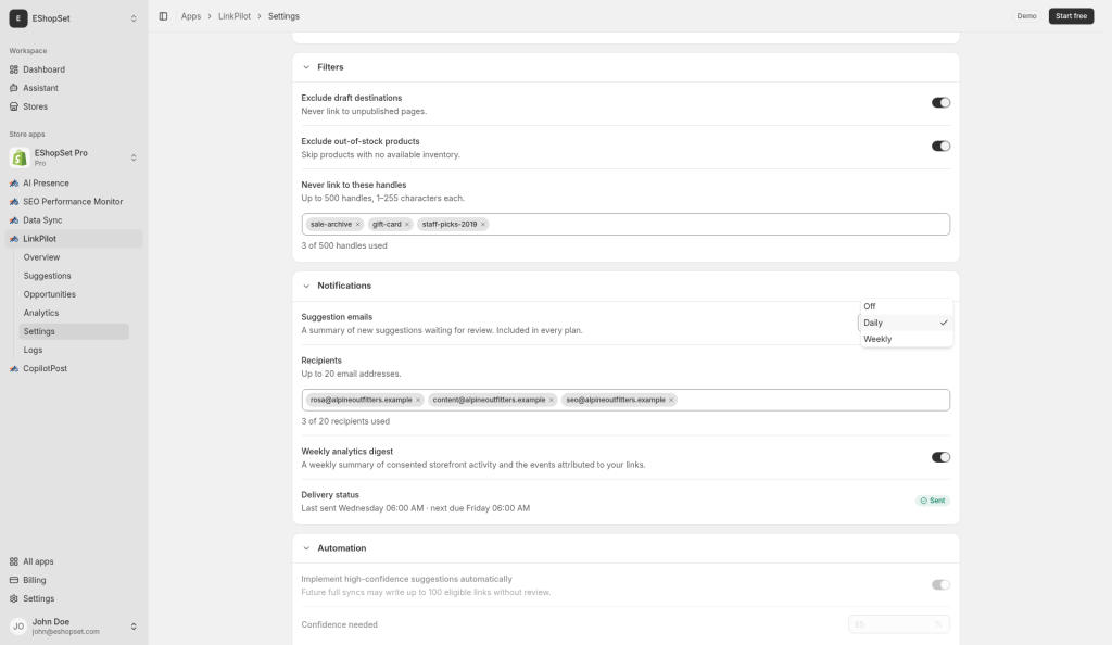 Link Pilot Settings Notifications for digests and alerts
