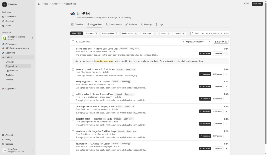 Link Pilot suggestion detail with anchor, destination, confidence, and Why explanation