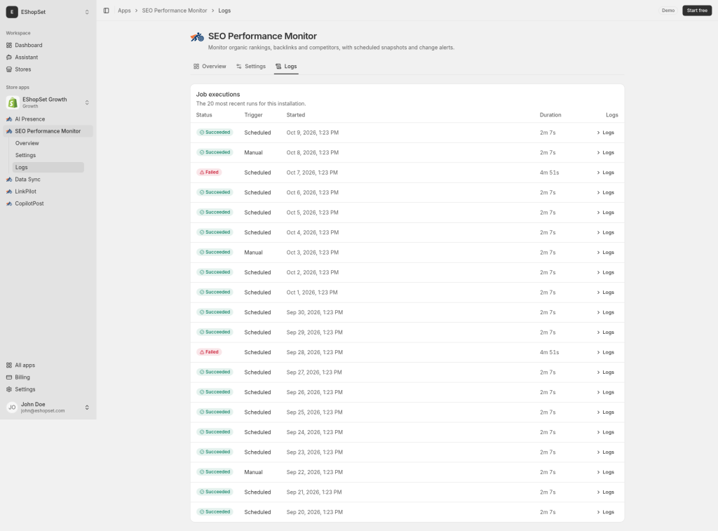SEO snapshot job logs